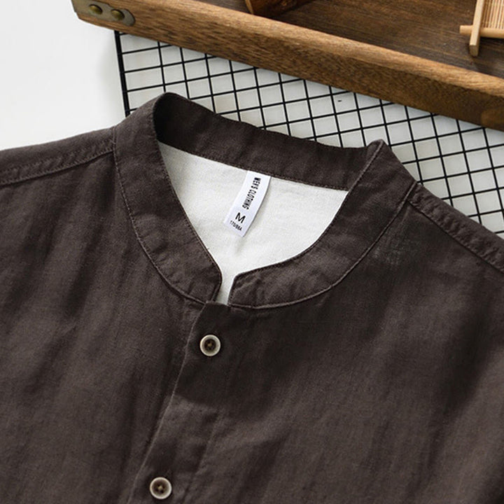 Camisa de lino para hombre con cuello alto, manga tres cuartos y bolsillos, color liso, con botones y estampado de Buddha Stones Fall - image 18