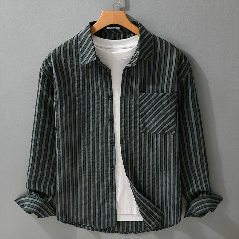 Camisa de algodón de manga larga con cuello alto, botones y rayas vintage para hombre de Buddha Stones - Azul acero claro - US/UK/AU42, EU52 (3XL) - image 0