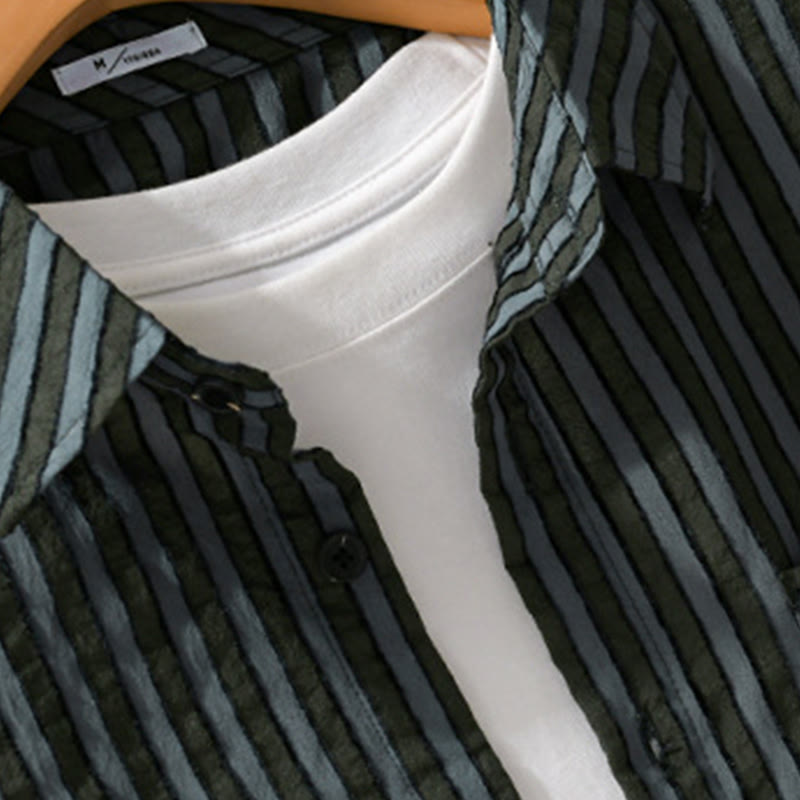 Camisa de algodón de manga larga con cuello alto, botones y rayas vintage para hombre de Buddha Stones - image 3