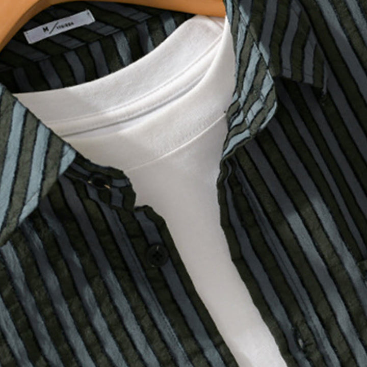 Camisa de algodón de manga larga con cuello alto, botones y rayas vintage para hombre de Buddha Stones - image 3