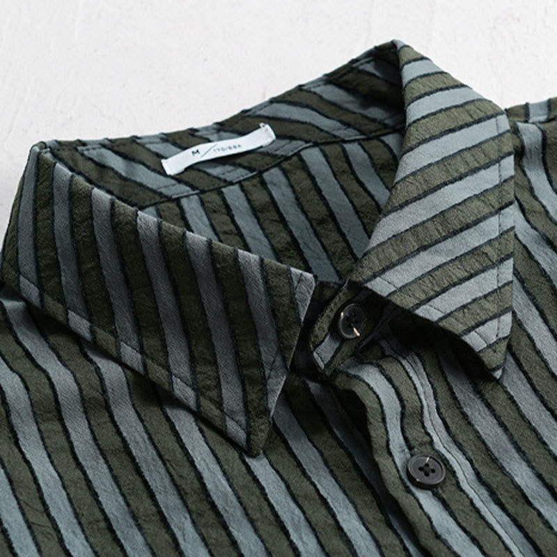 Camisa de algodón de manga larga con cuello alto, botones y rayas vintage para hombre de Buddha Stones - image 2