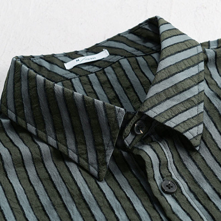 Camisa de algodón de manga larga con cuello alto, botones y rayas vintage para hombre de Buddha Stones - image 2