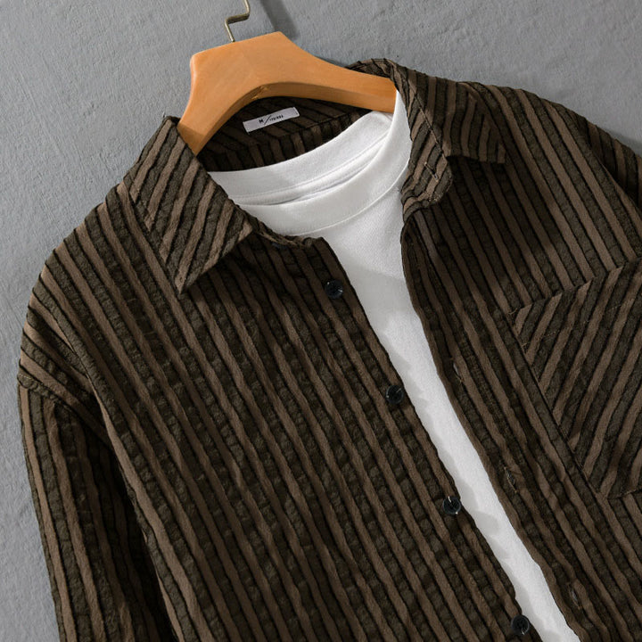 Camisa de algodón de manga larga con cuello alto, botones y rayas vintage para hombre de Buddha Stones - image 8