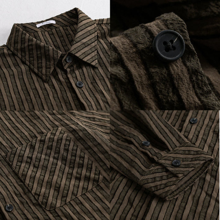 Camisa de algodón de manga larga con cuello alto, botones y rayas vintage para hombre de Buddha Stones - image 14