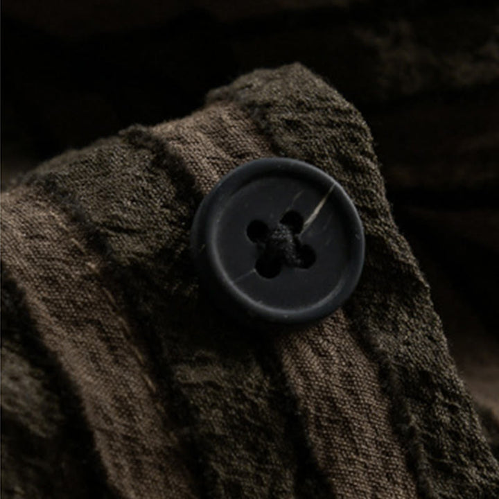 Camisa de algodón de manga larga con cuello alto, botones y rayas vintage para hombre de Buddha Stones - image 11