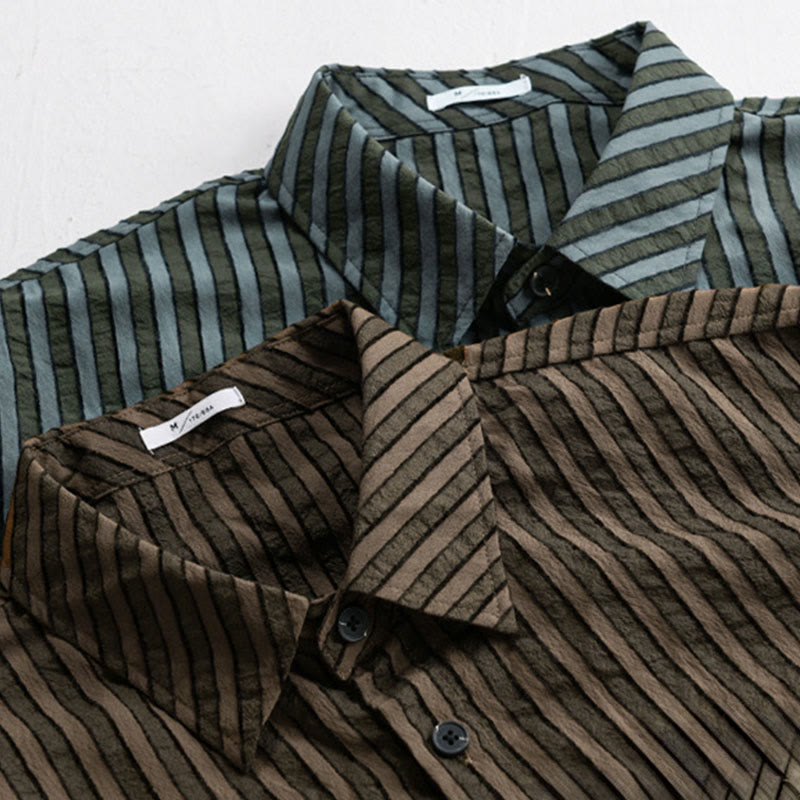 Camisa de algodón de manga larga con cuello alto, botones y rayas vintage para hombre de Buddha Stones - image 17