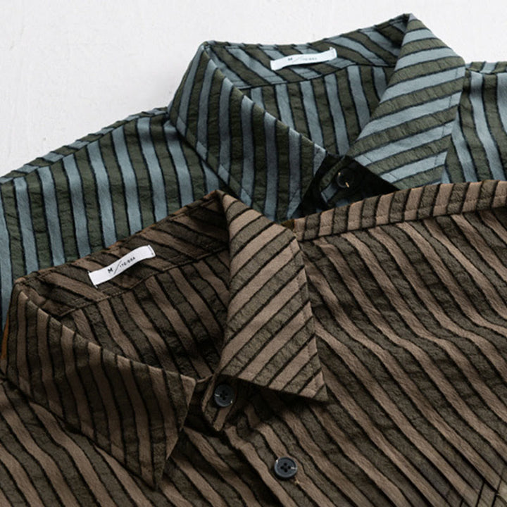 Camisa de algodón de manga larga con cuello alto, botones y rayas vintage para hombre de Buddha Stones - image 17