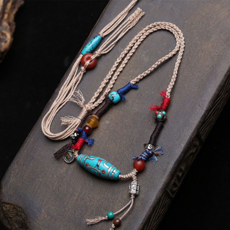 Collar con colgante de cuentas Dzi de cobre y turquesa con Buddha Stones para la suerte - Cuenta Dzi de cobre y turquesa - image 0
