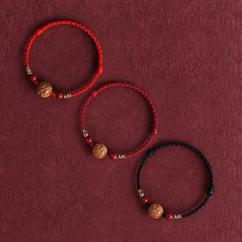Pulsera de cuerda de madera de melocotón natural con Buddha Stones talladas y patrón auspicioso - image 15