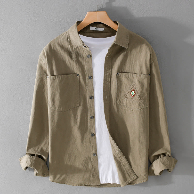 Camisa de algodón de manga larga para hombre con cuello alto, botones y bolsillos decorativos con diseño de rombos y triángulos otoñales y Buddha Stones - Broncearse - US/UK/AU42, EU52 (3XL) - image 15