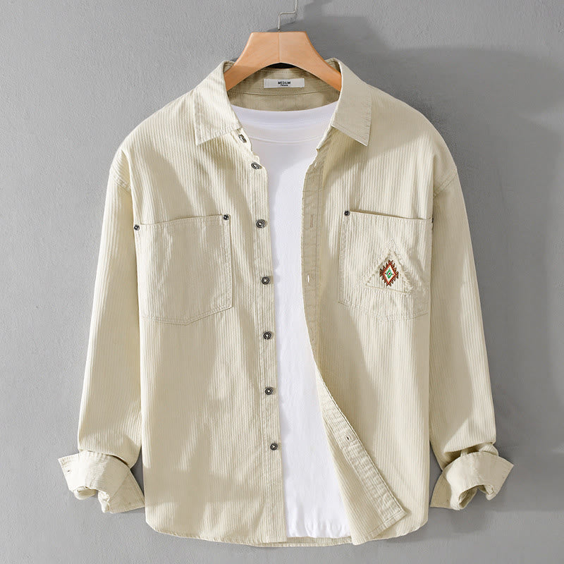 Camisa de algodón de manga larga para hombre con cuello alto, botones y bolsillos decorativos con diseño de rombos y triángulos otoñales y Buddha Stones - Lino - US/UK/AU42, EU52 (3XL) - image 6