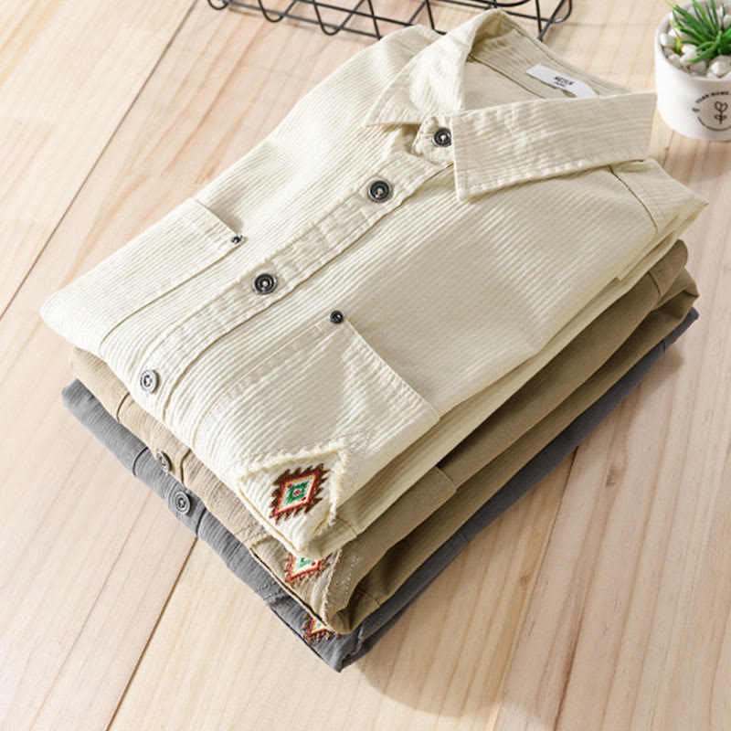 Camisa de algodón de manga larga para hombre con cuello alto, botones y bolsillos decorativos con diseño de rombos y triángulos otoñales y Buddha Stones - image 23