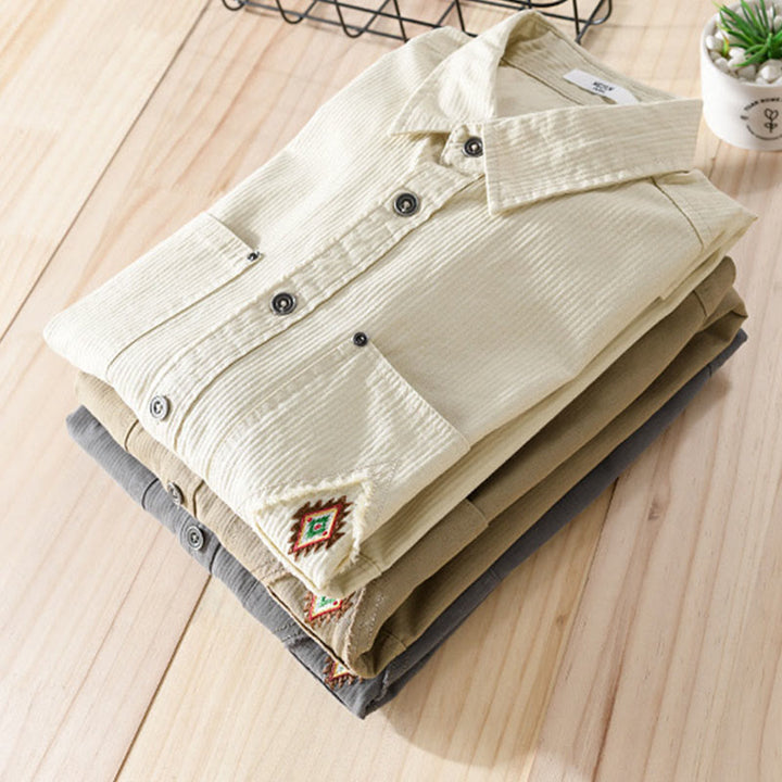 Camisa de algodón de manga larga para hombre con cuello alto, botones y bolsillos decorativos con diseño de rombos y triángulos otoñales y Buddha Stones - image 23