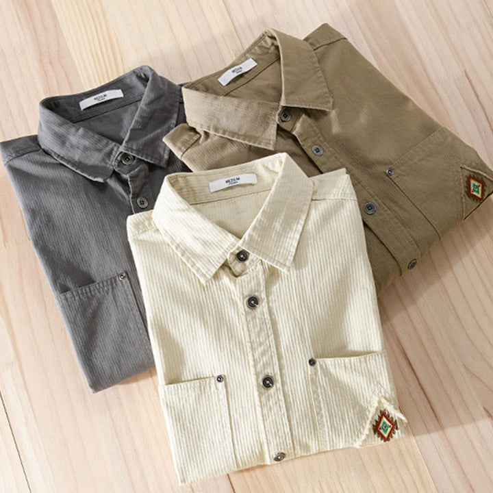 Camisa de algodón de manga larga para hombre con cuello alto, botones y bolsillos decorativos con diseño de rombos y triángulos otoñales y Buddha Stones - image 22