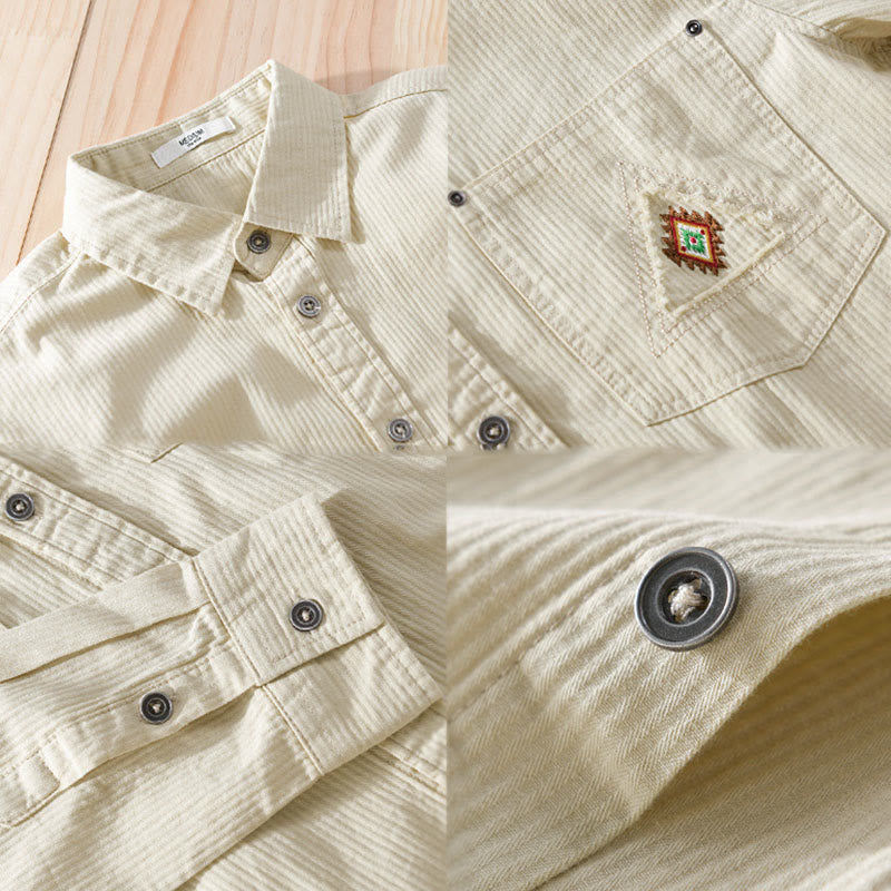 Camisa de algodón de manga larga para hombre con cuello alto, botones y bolsillos decorativos con diseño de rombos y triángulos otoñales y Buddha Stones - image 13