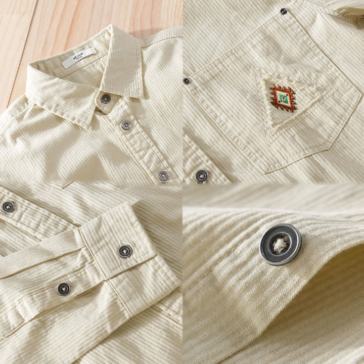 Camisa de algodón de manga larga para hombre con cuello alto, botones y bolsillos decorativos con diseño de rombos y triángulos otoñales y Buddha Stones - image 13