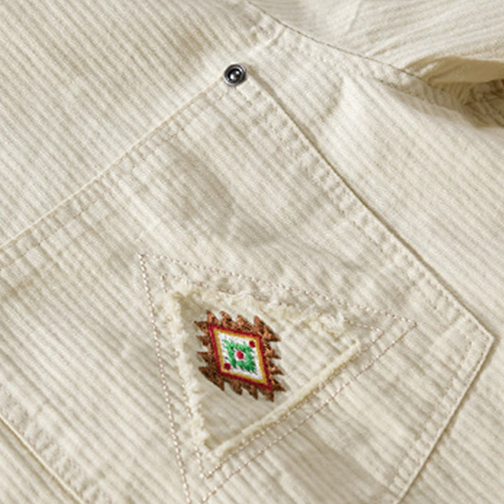 Camisa de algodón de manga larga para hombre con cuello alto, botones y bolsillos decorativos con diseño de rombos y triángulos otoñales y Buddha Stones - image 10