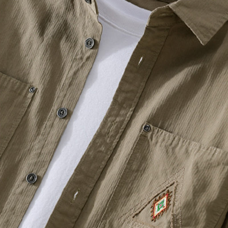 Camisa de algodón de manga larga para hombre con cuello alto, botones y bolsillos decorativos con diseño de rombos y triángulos otoñales y Buddha Stones - image 17