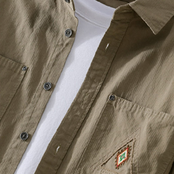 Camisa de algodón de manga larga para hombre con cuello alto, botones y bolsillos decorativos con diseño de rombos y triángulos otoñales y Buddha Stones - image 17