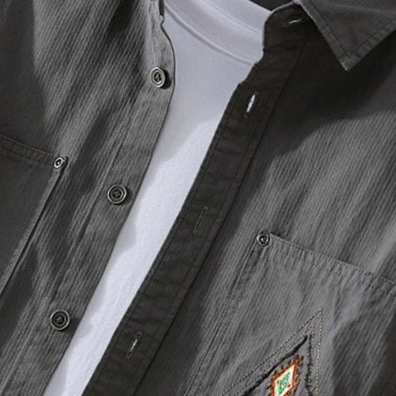 Camisa de algodón de manga larga para hombre con cuello alto, botones y bolsillos decorativos con diseño de rombos y triángulos otoñales y Buddha Stones - image 2