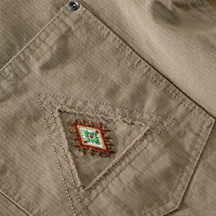 Camisa de algodón de manga larga para hombre con cuello alto, botones y bolsillos decorativos con diseño de rombos y triángulos otoñales y Buddha Stones - image 18