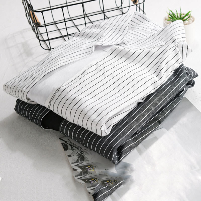 Camisa de algodón de manga larga con cuello alto y rayas 2 en 1 para hombre Buddha Stones Fall - image 16