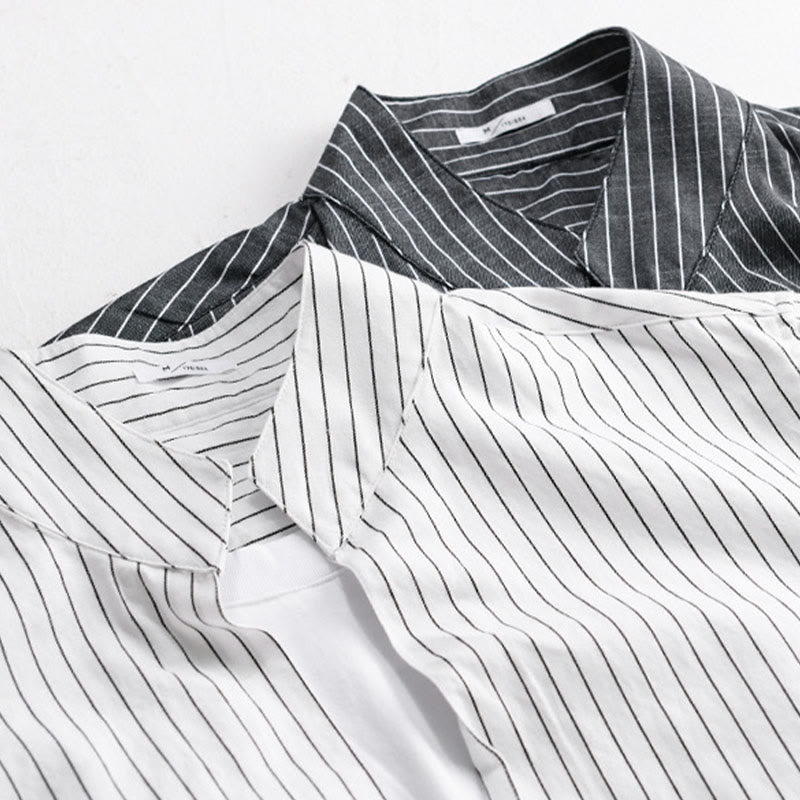 Camisa de algodón de manga larga con cuello alto y rayas 2 en 1 para hombre Buddha Stones Fall - image 17