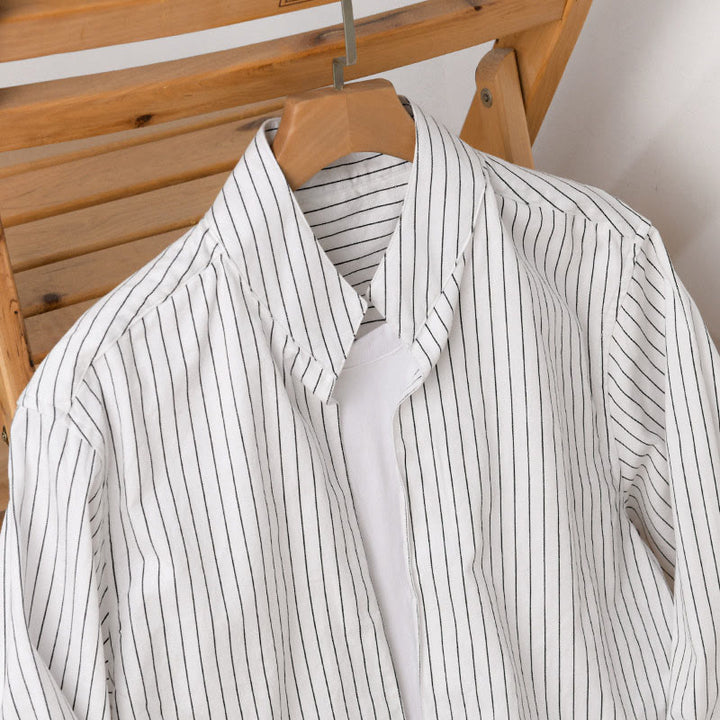 Camisa de algodón de manga larga con cuello alto y rayas 2 en 1 para hombre Buddha Stones Fall - image 2