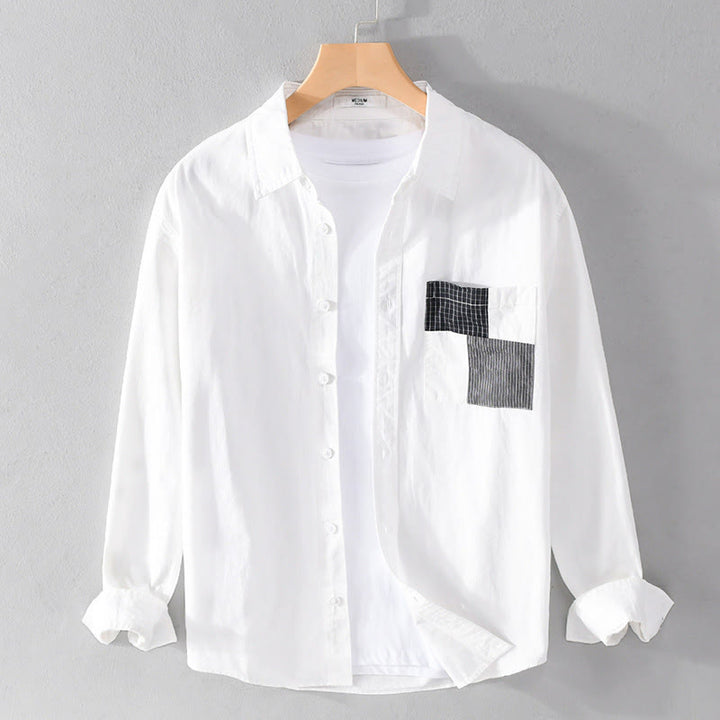 Camisa de algodón de manga larga para hombre, con Buddha Stones, bloques de color, bolsillos decorativos, botones y cuello alto. - Blanco - US/UK/AU42, EU52 (3XL) - image 8