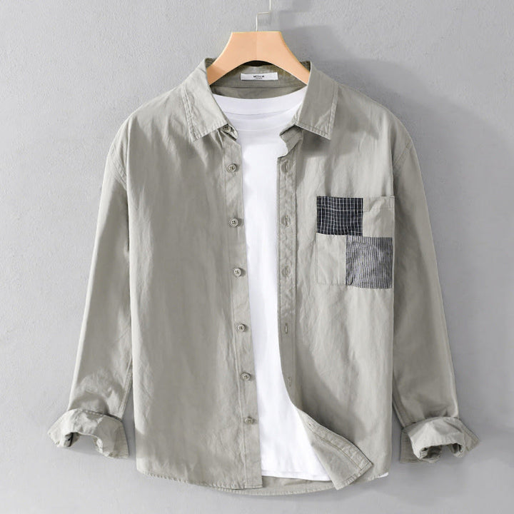Camisa de algodón de manga larga para hombre, con Buddha Stones, bloques de color, bolsillos decorativos, botones y cuello alto. - Gotas de miel - US/UK/AU42, EU52 (3XL) - image 0