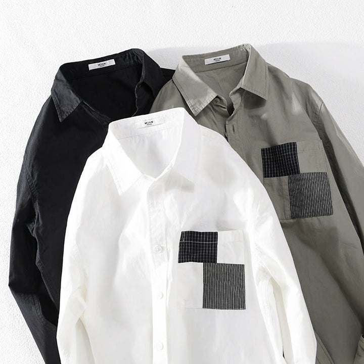 Camisa de algodón de manga larga para hombre, con Buddha Stones, bloques de color, bolsillos decorativos, botones y cuello alto. - image 15