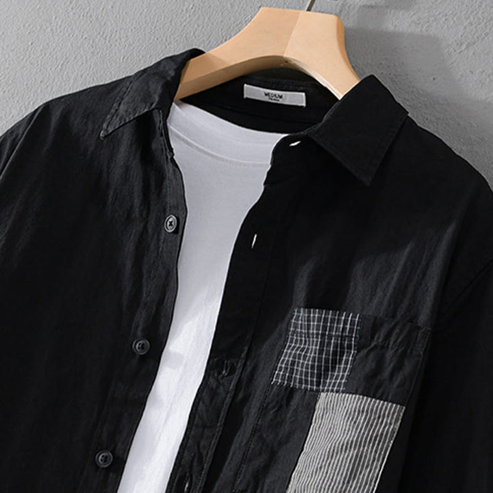 Camisa de algodón de manga larga para hombre, con Buddha Stones, bloques de color, bolsillos decorativos, botones y cuello alto. - image 5