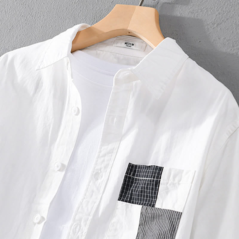 Camisa de algodón de manga larga para hombre, con Buddha Stones, bloques de color, bolsillos decorativos, botones y cuello alto. - image 10