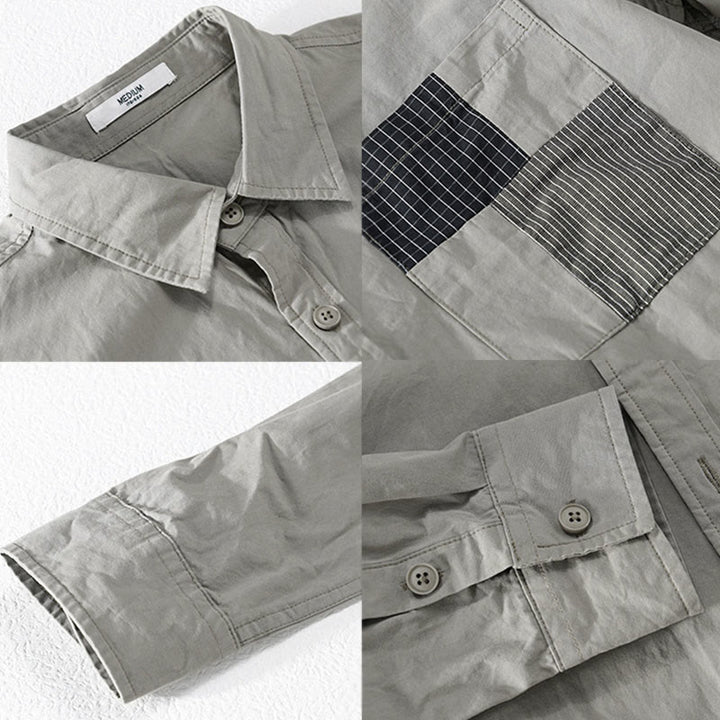 Camisa de algodón de manga larga para hombre, con Buddha Stones, bloques de color, bolsillos decorativos, botones y cuello alto. - image 3