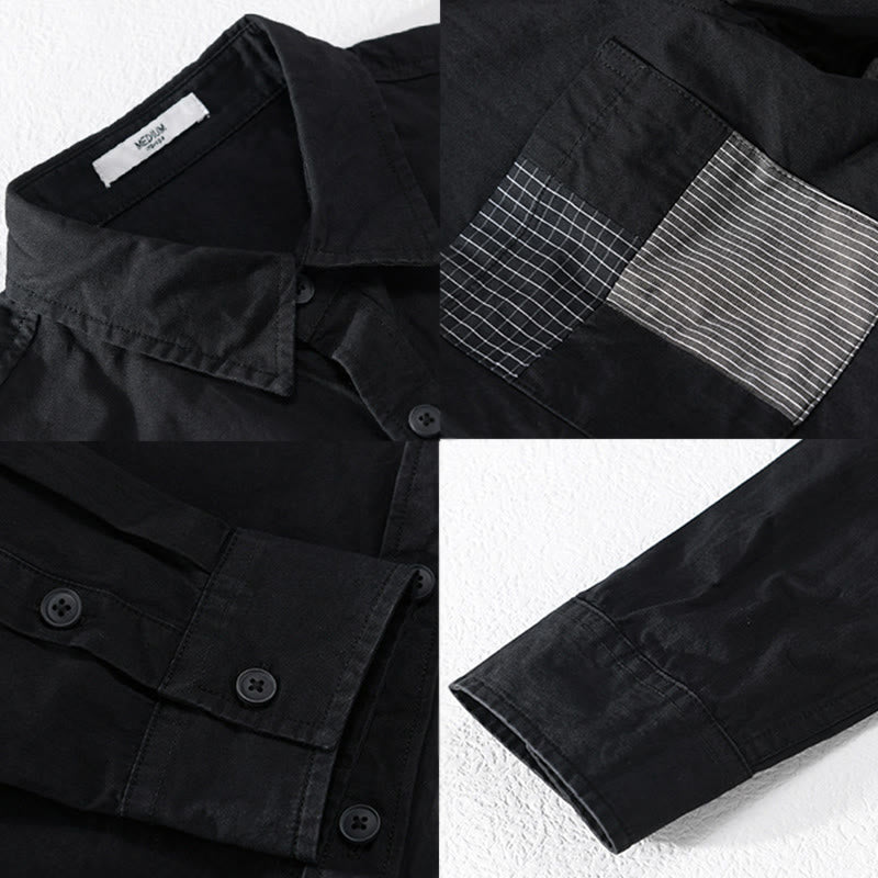 Camisa de algodón de manga larga para hombre, con Buddha Stones, bloques de color, bolsillos decorativos, botones y cuello alto. - image 7