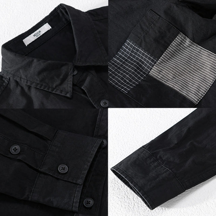 Camisa de algodón de manga larga para hombre, con Buddha Stones, bloques de color, bolsillos decorativos, botones y cuello alto. - image 7