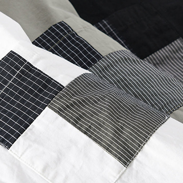 Camisa de algodón de manga larga para hombre, con Buddha Stones, bloques de color, bolsillos decorativos, botones y cuello alto. - image 16