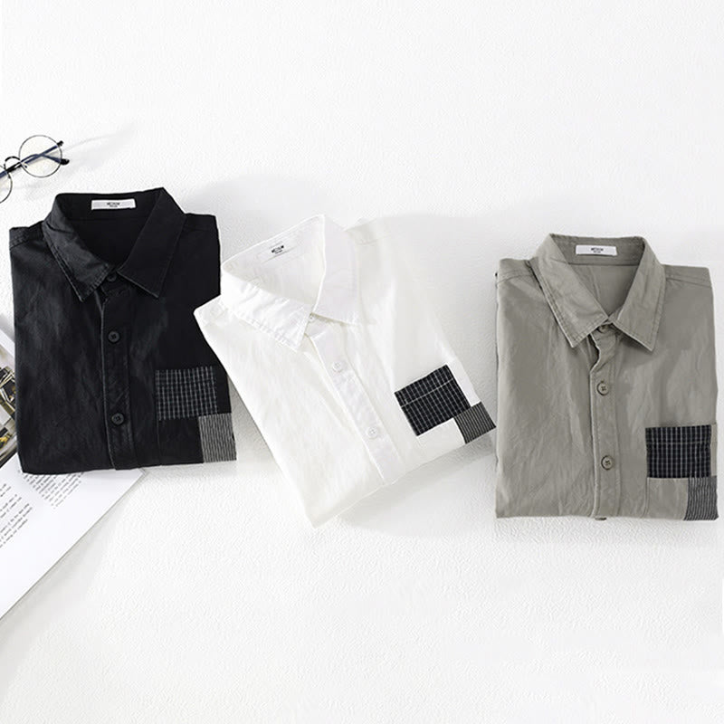 Camisa de algodón de manga larga para hombre, con Buddha Stones, bloques de color, bolsillos decorativos, botones y cuello alto. - image 14