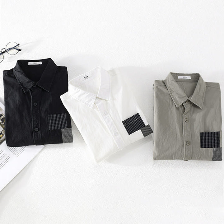Camisa de algodón de manga larga para hombre, con Buddha Stones, bloques de color, bolsillos decorativos, botones y cuello alto. - image 14