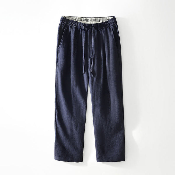 Pantalones rectos de lino con cintura elástica y cordón ajustable para hombre, con Buddha Stones caídas, y bolsillos. - Azul acero - US/UK/AU42, EU52 (3XL) - image 0