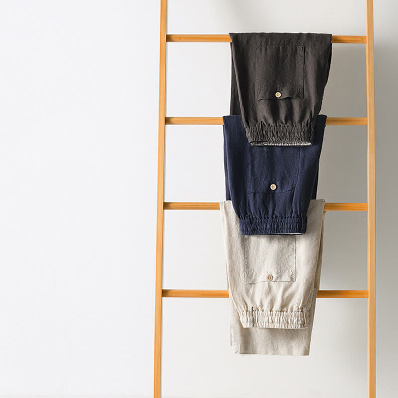 Pantalones rectos de lino con cintura elástica y cordón ajustable para hombre, con Buddha Stones caídas, y bolsillos. - image 16