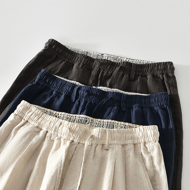 Pantalones rectos de lino con cintura elástica y cordón ajustable para hombre, con Buddha Stones caídas, y bolsillos. - image 17