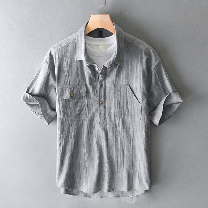 Camisa de algodón y ramio de manga corta con diseño plisado liso de verano para hombre con medio botón y diseño de Buddha Stones - Gris - US/UK/AU44, EU54 (4XL) - image 11