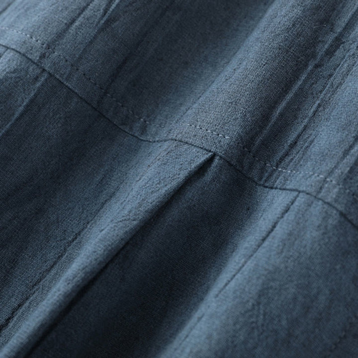 Camisa de algodón y ramio de manga corta con diseño plisado liso de verano para hombre con medio botón y diseño de Buddha Stones - image 6