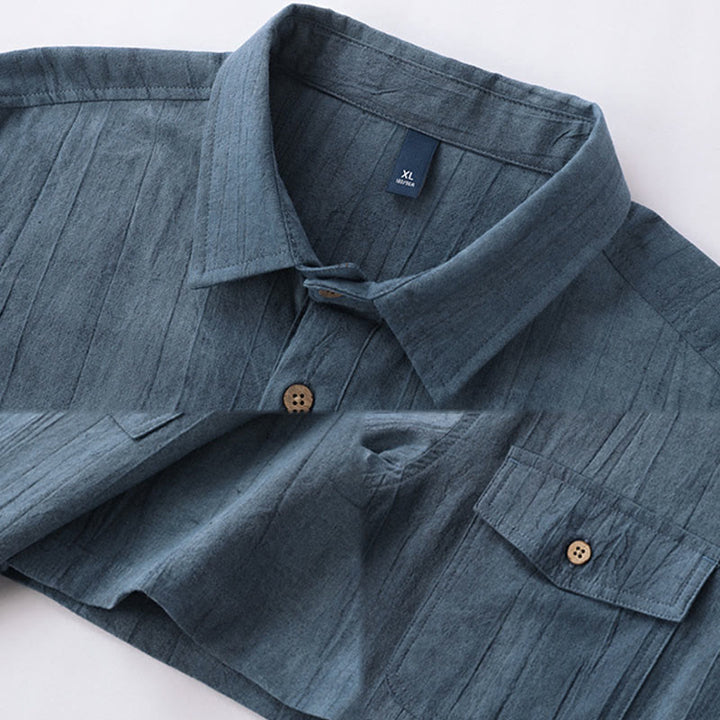 Camisa de algodón y ramio de manga corta con diseño plisado liso de verano para hombre con medio botón y diseño de Buddha Stones - image 10