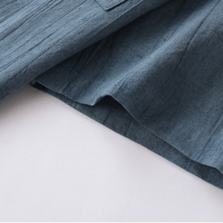 Camisa de algodón y ramio de manga corta con diseño plisado liso de verano para hombre con medio botón y diseño de Buddha Stones - image 7