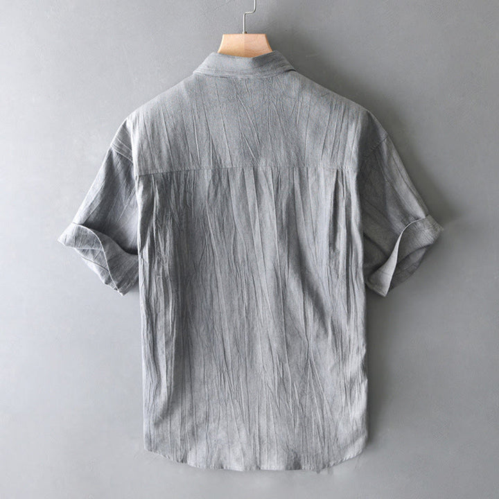 Camisa de algodón y ramio de manga corta con diseño plisado liso de verano para hombre con medio botón y diseño de Buddha Stones - image 12