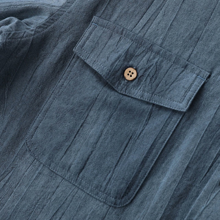 Camisa de algodón y ramio de manga corta con diseño plisado liso de verano para hombre con medio botón y diseño de Buddha Stones - image 4