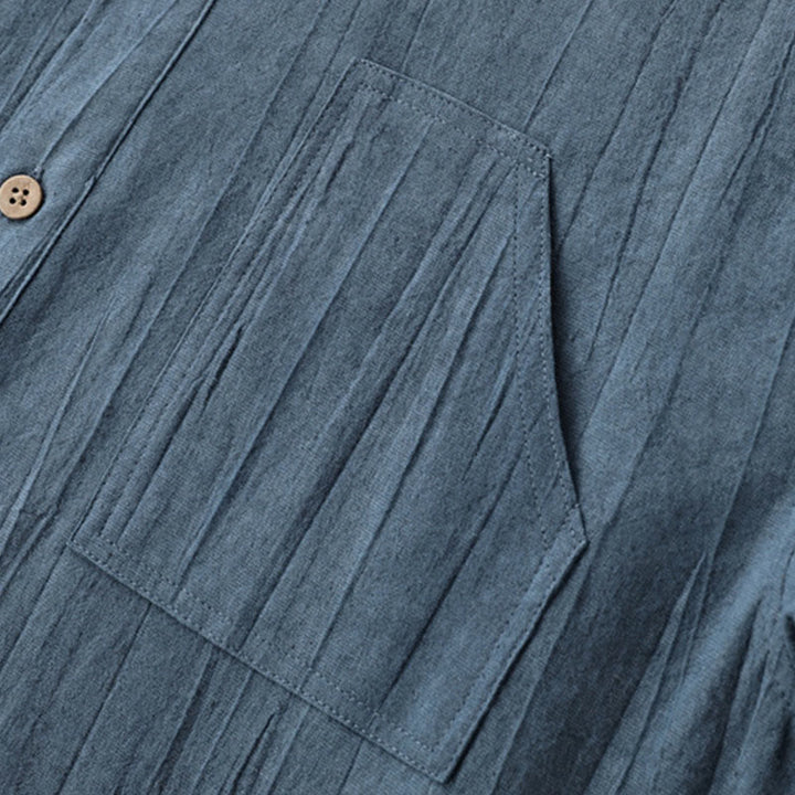 Camisa de algodón y ramio de manga corta con diseño plisado liso de verano para hombre con medio botón y diseño de Buddha Stones - image 5