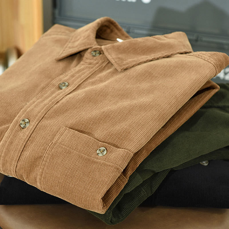 Camisa de pana de algodón para hombre, manga larga, cuello alto, botones y bolsillo decorativo con Buddha Stones en otoño - image 8